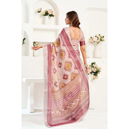 Generic Women's Linen Cotton Printed Ready To Wear Saree With Unstitched Blouse 5.5 Mtr (Maroon)