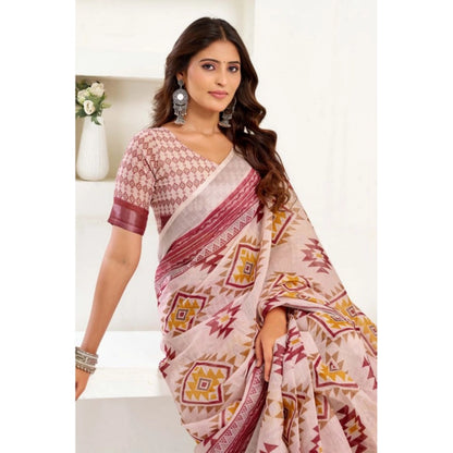 Generic Women's Linen Cotton Printed Ready To Wear Saree With Unstitched Blouse 5.5 Mtr (Maroon)
