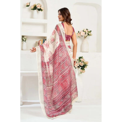 Generic Women's Linen Cotton Printed Ready To Wear Saree With Unstitched Blouse 5.5 Mtr (Off_White)