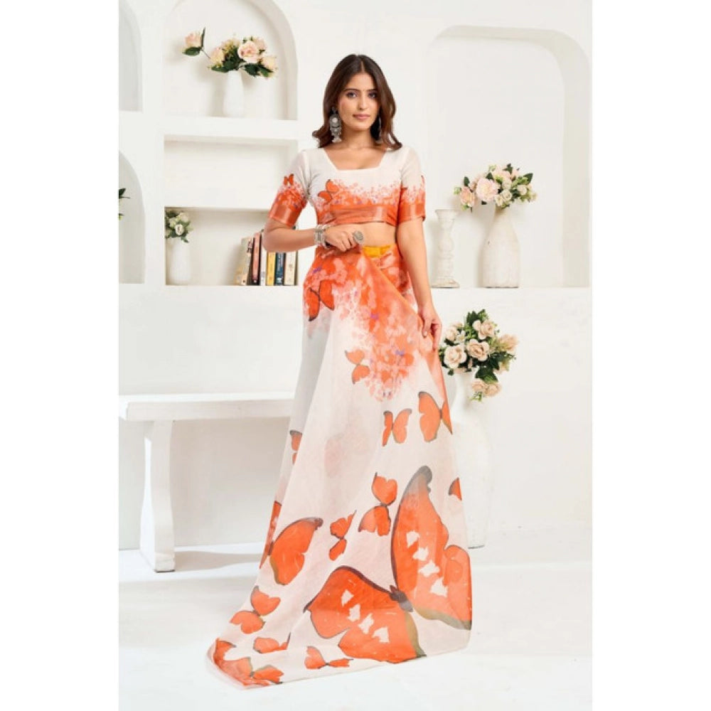 Generic Women's Linen Cotton Printed Ready To Wear Saree With Unstitched Blouse 5.5 Mtr (Orange)