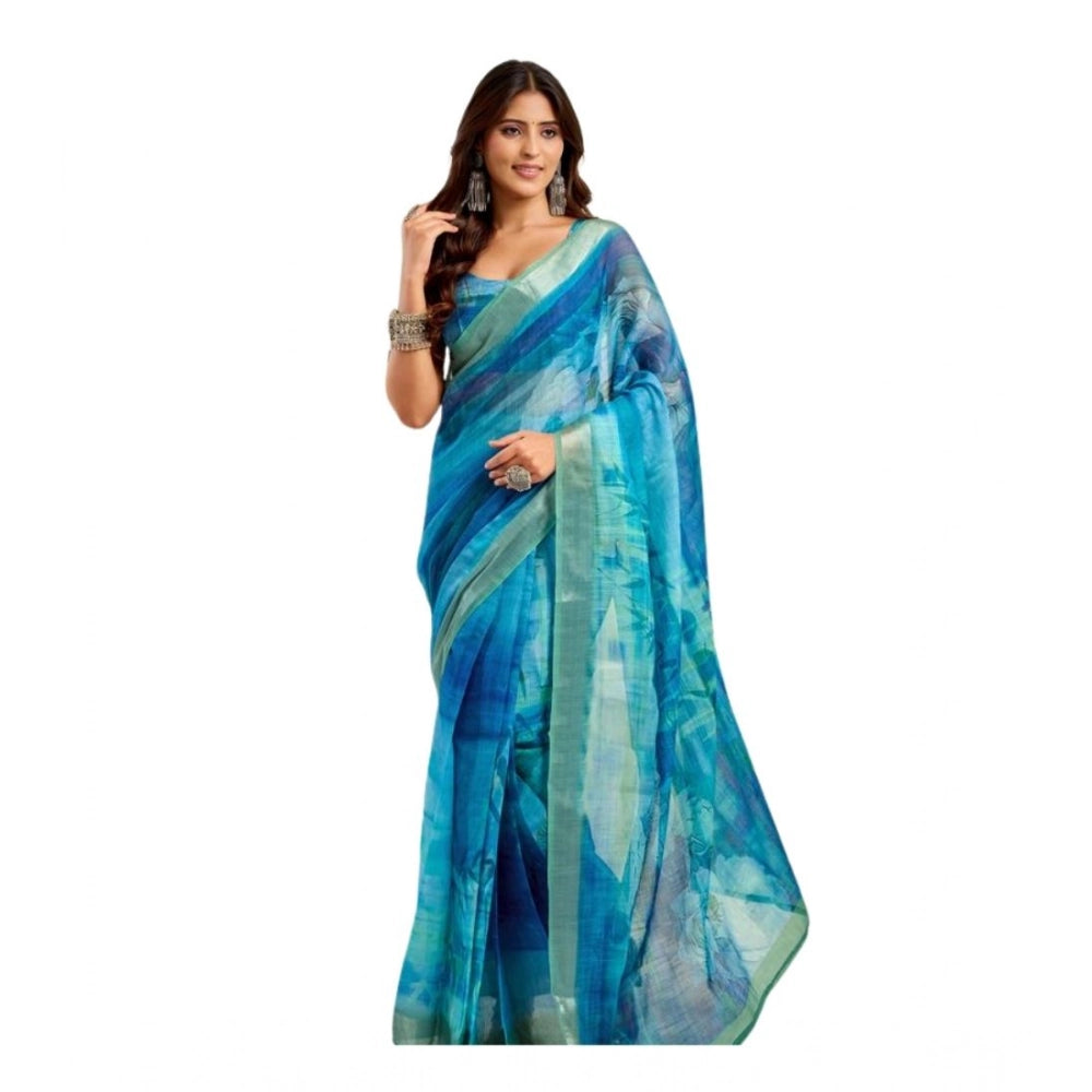 Generic Women's Linen Cotton Printed Ready To Wear Saree With Unstitched Blouse 5.5 Mtr (Blue)