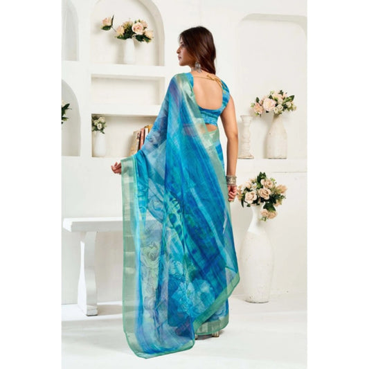 Generic Women's Linen Cotton Printed Ready To Wear Saree With Unstitched Blouse 5.5 Mtr (Blue)