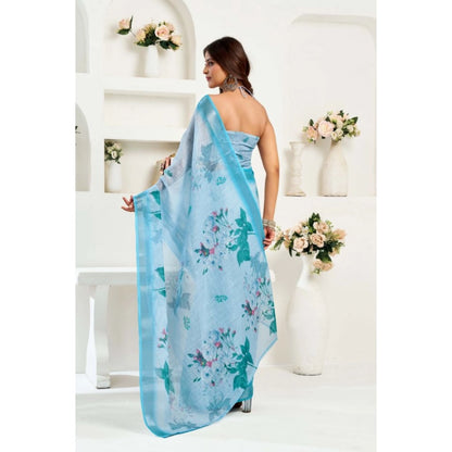 Generic Women's Linen Cotton Printed Ready To Wear Saree With Unstitched Blouse 5.5 Mtr (Sky_Blue)