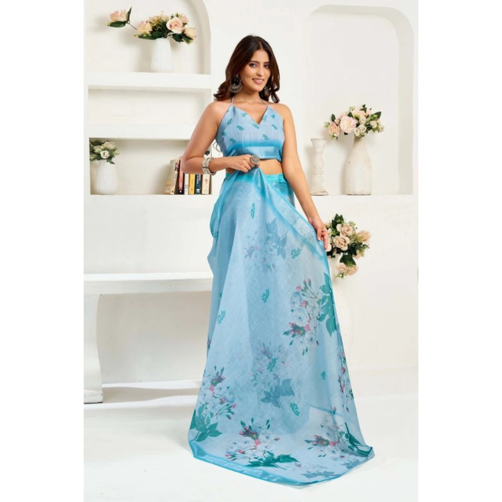 Generic Women's Linen Cotton Printed Ready To Wear Saree With Unstitched Blouse 5.5 Mtr (Sky_Blue)