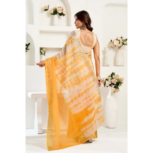 Generic Women's Linen Cotton Printed Ready To Wear Saree With Unstitched Blouse 5.5 Mtr (Yellow)
