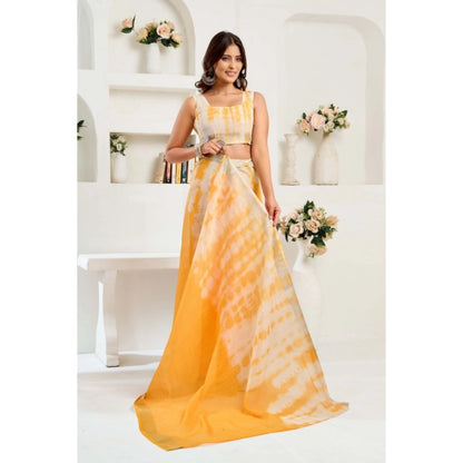 Generic Women's Linen Cotton Printed Ready To Wear Saree With Unstitched Blouse 5.5 Mtr (Yellow)