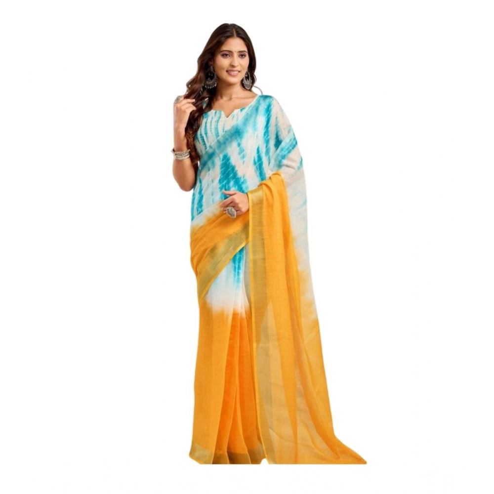 Generic Women's Linen Cotton Printed Ready To Wear Saree With Unstitched Blouse 5.5 Mtr (Aqua_Blue)
