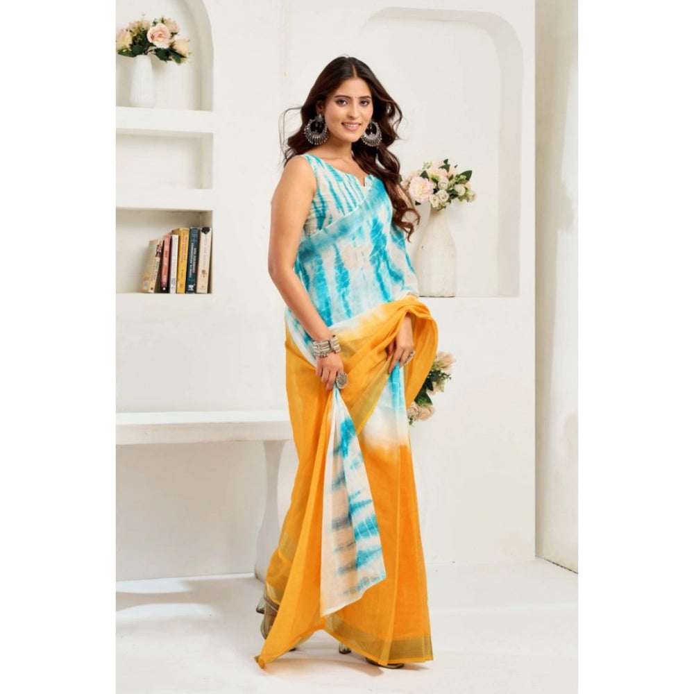Generic Women's Linen Cotton Printed Ready To Wear Saree With Unstitched Blouse 5.5 Mtr (Aqua_Blue)