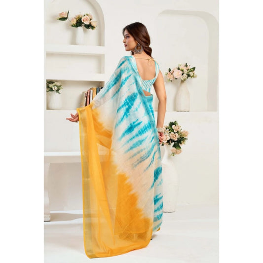 Generic Women's Linen Cotton Printed Ready To Wear Saree With Unstitched Blouse 5.5 Mtr (Aqua_Blue)