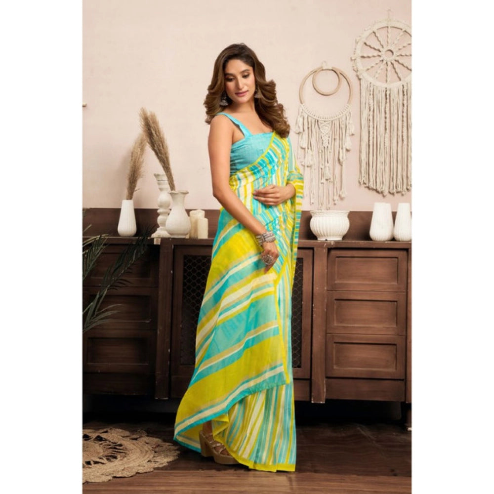 Generic Women's Linen Cotton Printed Ready To Wear With Pocket Saree With Unstitched Blouse 5.5 Mtr (Light_Aqua_Blue)