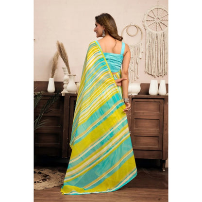 Generic Women's Linen Cotton Printed Ready To Wear With Pocket Saree With Unstitched Blouse 5.5 Mtr (Light_Aqua_Blue)