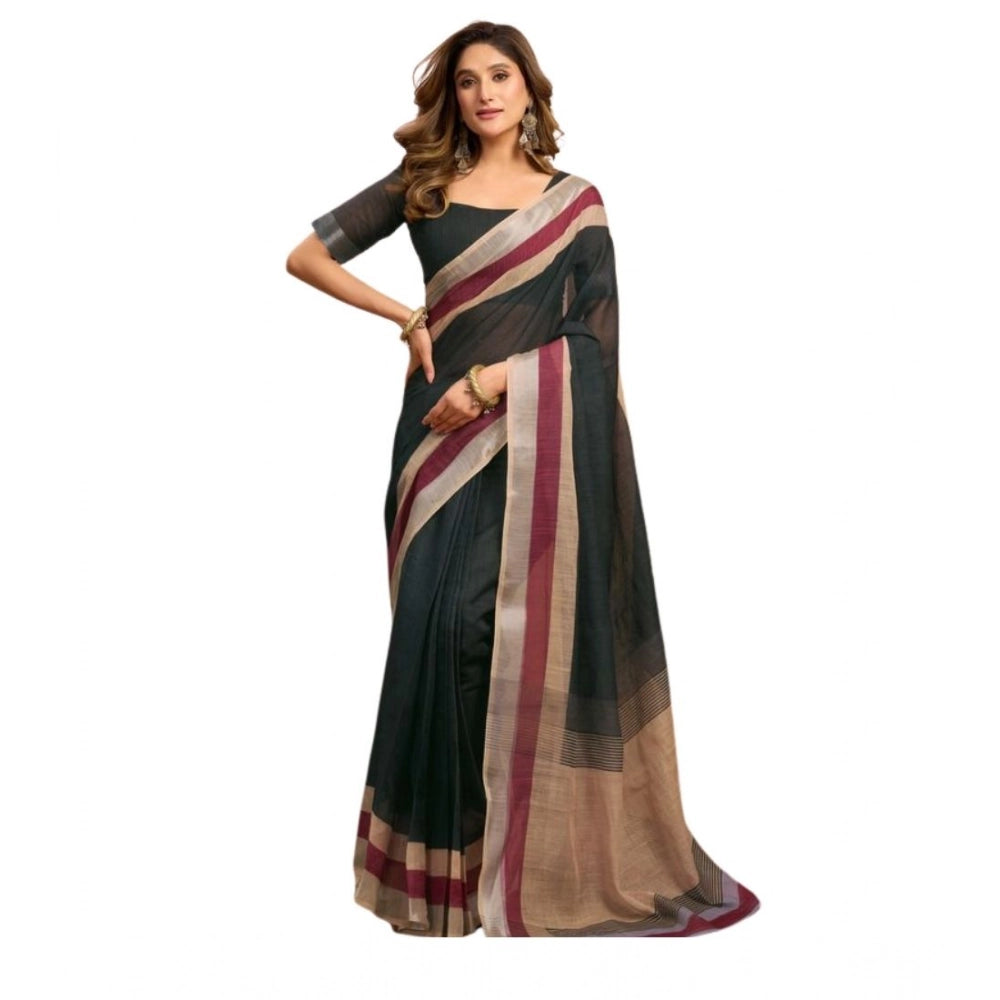 Generic Women's Linen Cotton Plain Ready To Wear With Pocket Saree With Unstitched Blouse 5.5 Mtr (Black)