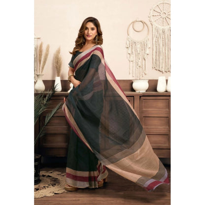 Generic Women's Linen Cotton Plain Ready To Wear With Pocket Saree With Unstitched Blouse 5.5 Mtr (Black)