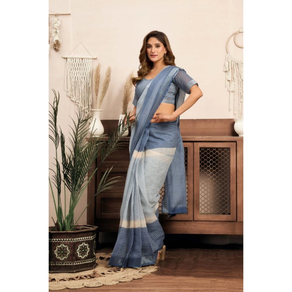 Generic Women's Linen Cotton Printed Ready To Wear With Pocket Saree With Unstitched Blouse 5.5 Mtr (Light_Blue)