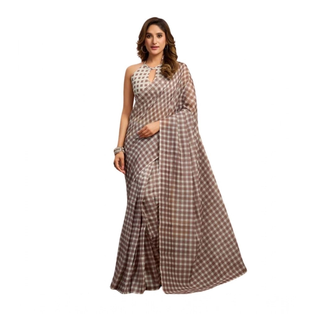 Generic Women's Linen Cotton Printed Ready To Wear With Pocket Saree With Unstitched Blouse 5.5 Mtr (Light_Brown)