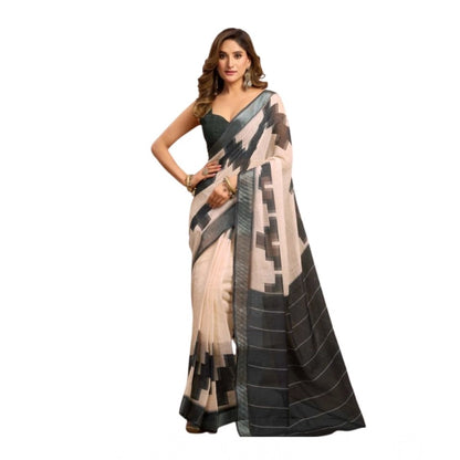 Generic Women's Linen Cotton Printed Ready To Wear With Pocket Saree With Unstitched Blouse 5.5 Mtr (Light_Beige)