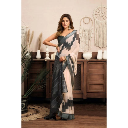 Generic Women's Linen Cotton Printed Ready To Wear With Pocket Saree With Unstitched Blouse 5.5 Mtr (Light_Beige)