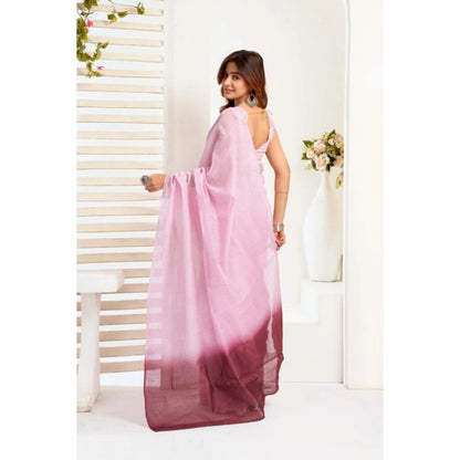 Generic Women's Linen Cotton Printed Ready To Wear With Pocket Saree With Unstitched Blouse 5.5 Mtr (Light_Pink)