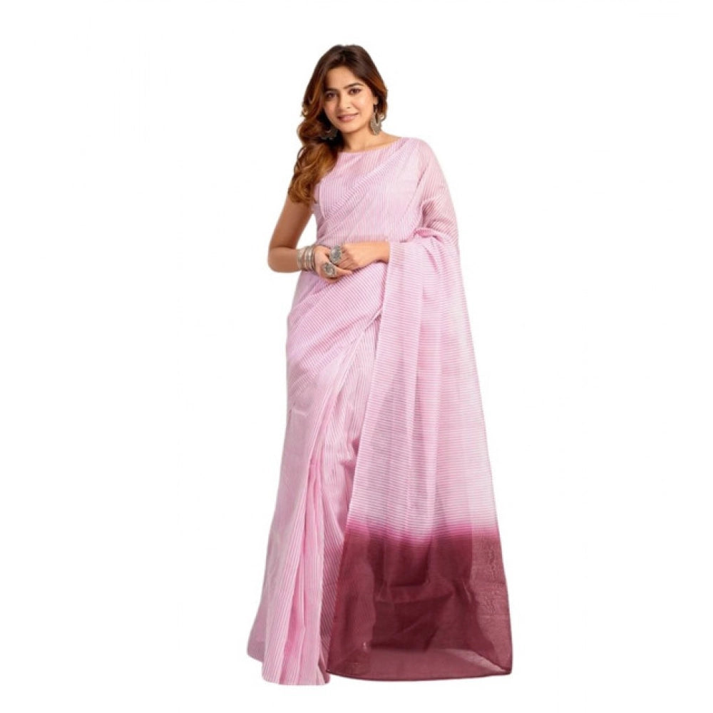 Generic Women's Linen Cotton Printed Ready To Wear With Pocket Saree With Unstitched Blouse 5.5 Mtr (Light_Pink)