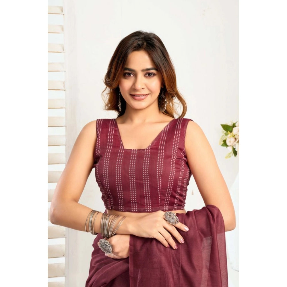 Generic Women's Linen Cotton Printed Ready To Wear With Pocket Saree With Unstitched Blouse 5.5 Mtr (Maroon)