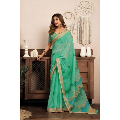 Generic Women's Linen Cotton Printed Ready To Wear With Pocket Saree With Unstitched Blouse 5.5 Mtr (Light_Green)