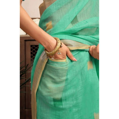 Generic Women's Linen Cotton Printed Ready To Wear With Pocket Saree With Unstitched Blouse 5.5 Mtr (Light_Green)