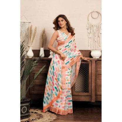Generic Women's Linen Cotton Printed Ready To Wear With Pocket Saree With Unstitched Blouse 5.5 Mtr (Multicolor)