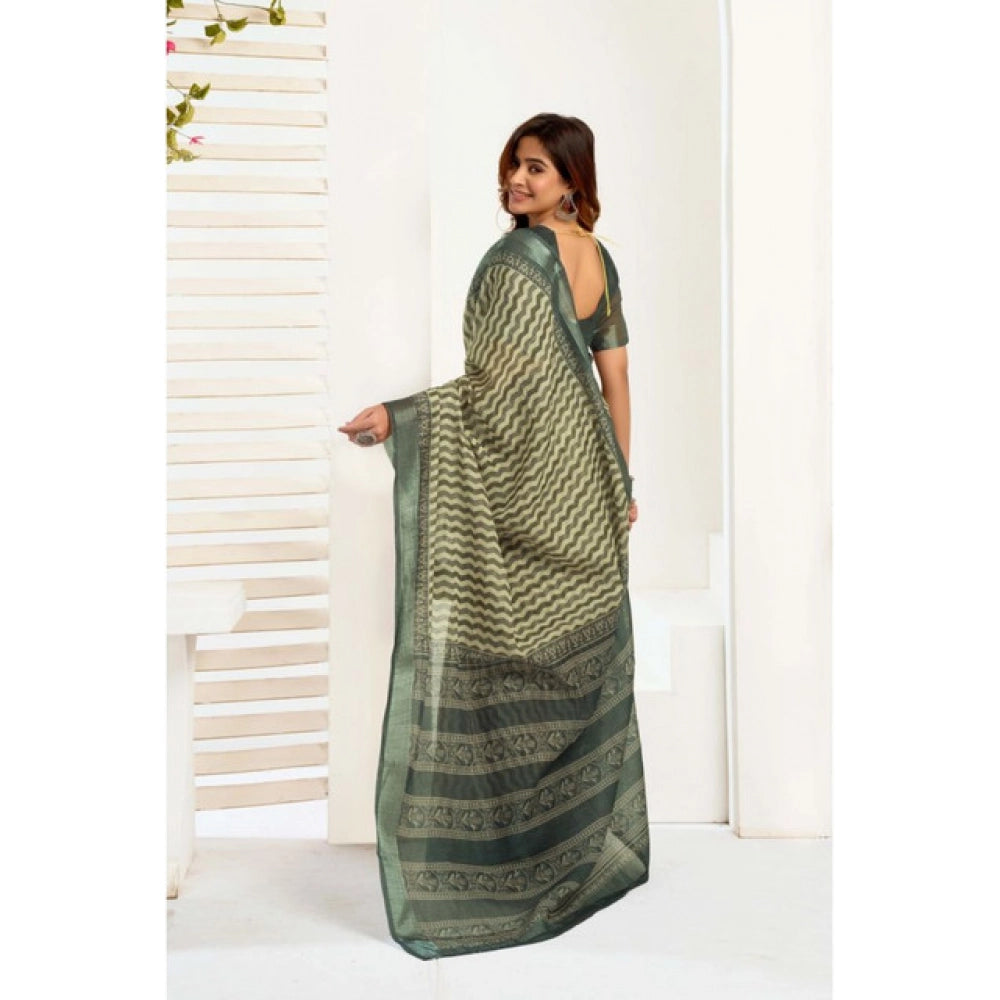 Generic Women's Linen Cotton Printed Ready To Wear With Pocket Saree With Unstitched Blouse 5.5 Mtr (Olive)