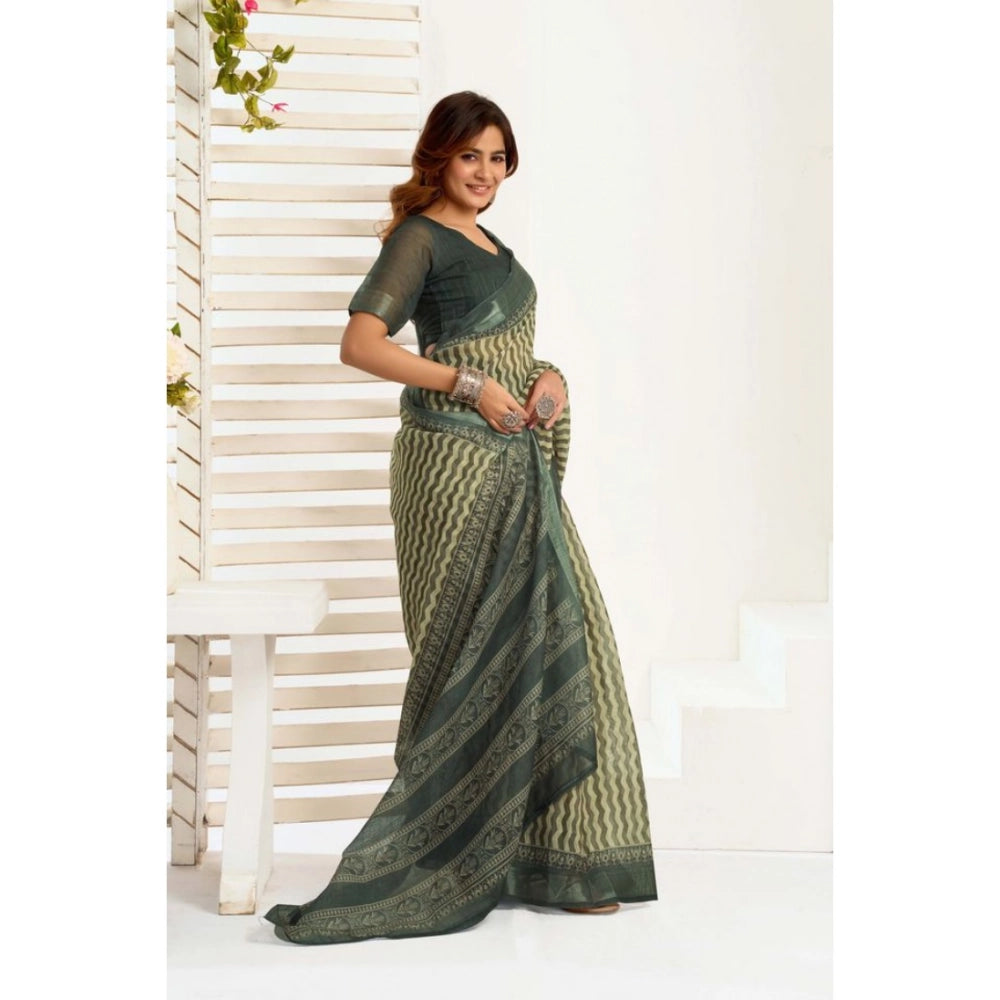 Generic Women's Linen Cotton Printed Ready To Wear With Pocket Saree With Unstitched Blouse 5.5 Mtr (Olive)