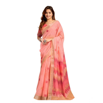 Generic Women's Linen Cotton Printed Ready To Wear With Pocket Saree With Unstitched Blouse 5.5 Mtr (Peach)