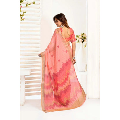 Generic Women's Linen Cotton Printed Ready To Wear With Pocket Saree With Unstitched Blouse 5.5 Mtr (Peach)