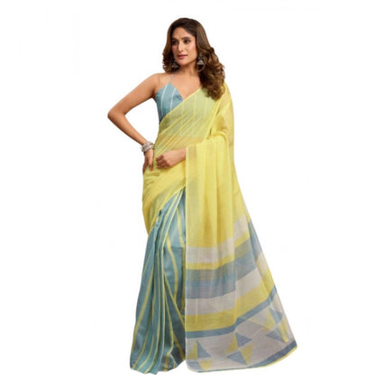 Generic Women's Linen Cotton Printed Ready To Wear With Pocket Saree With Unstitched Blouse 5.5 Mtr (Light_Yellow)