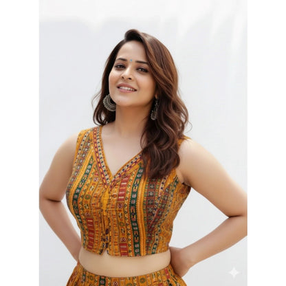 Generic Women's Cambric Cotton V Neck Padded Blouse (Mustard, 38 Ready Size (Self-Alterable 36–40)