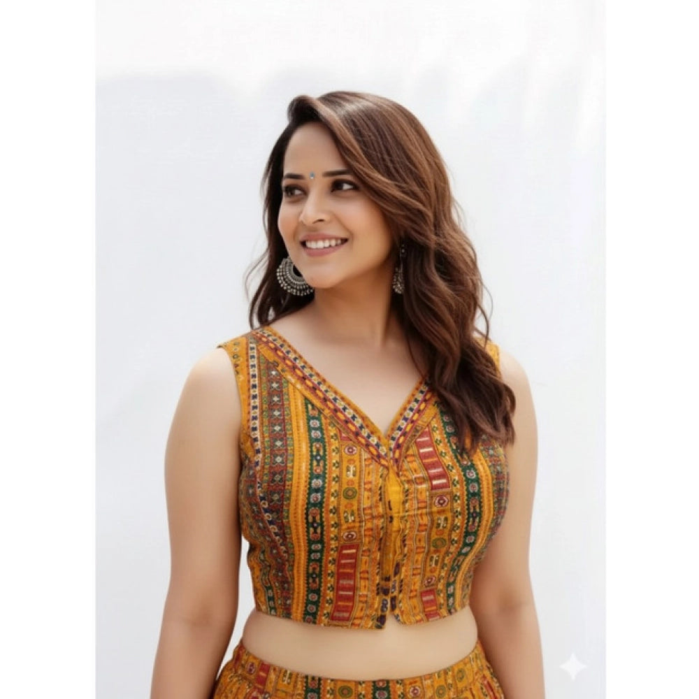 Generic Women's Cambric Cotton V Neck Padded Blouse (Mustard, 38 Ready Size (Self-Alterable 36–40)