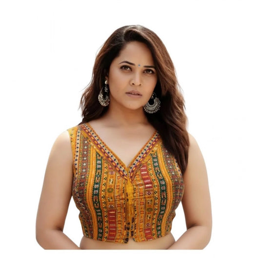 Generic Women's Cambric Cotton V Neck Padded Blouse (Mustard, 38 Ready Size (Self-Alterable 36–40)