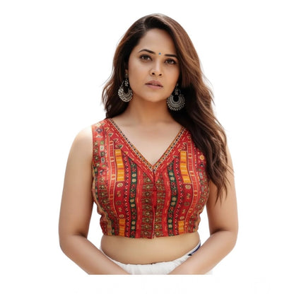 Generic Women's Cambric Cotton V Neck Padded Blouse (Red, 38 Ready Size (Self-Alterable 36–40)