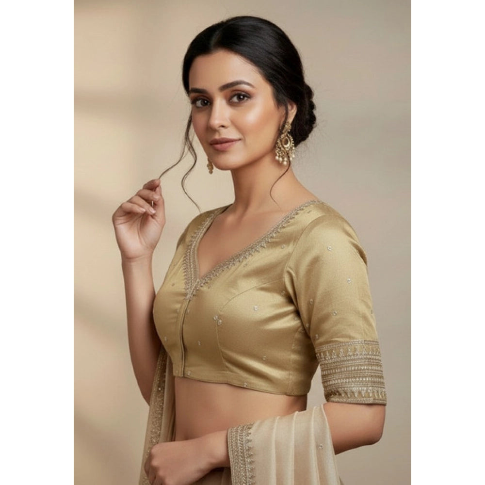 Generic Women's Vichitra Silk V Neck Padded Blouse (Beige, 38 Ready Size (Self-Alterable 36–40)