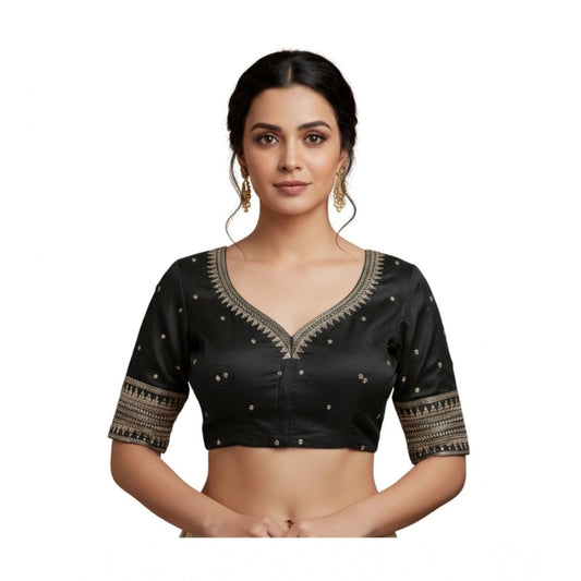 Generic Women's Vichitra Silk V Neck Padded Blouse (Black, 38 Ready Size (Self-Alterable 36–40)