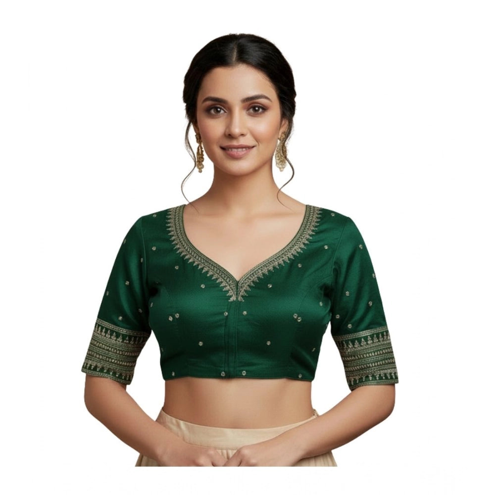 Generic Women's Vichitra Silk V Neck Padded Blouse (D-Green, 38 Ready Size (Self-Alterable 36–40)
