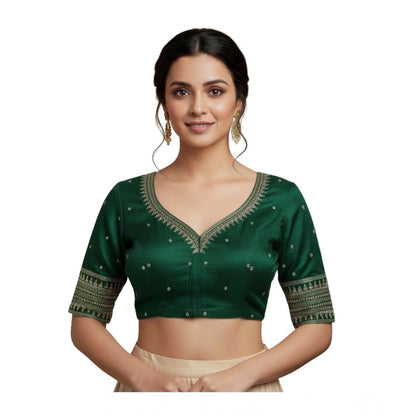 Generic Women's Vichitra Silk V Neck Padded Blouse (D-Green, 38 Ready Size (Self-Alterable 36–40)
