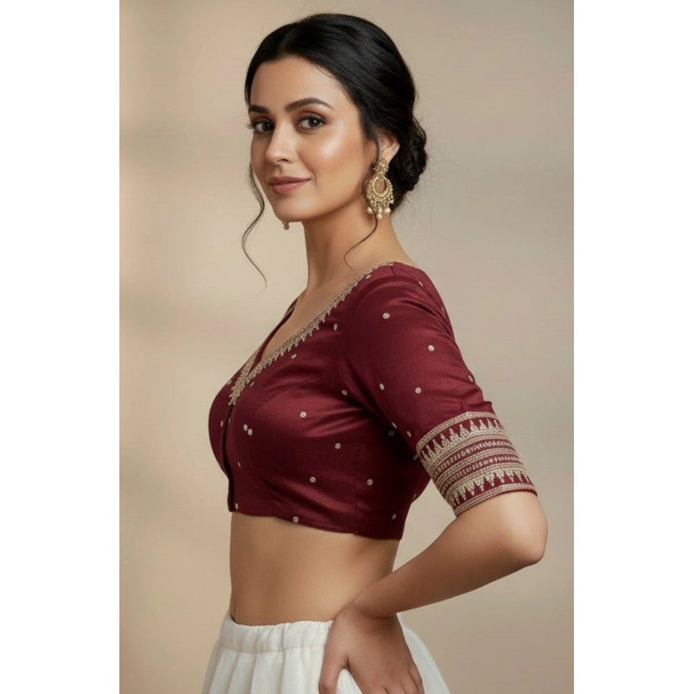 Generic Women's Vichitra Silk V Neck Padded Blouse (Maroon, 38 Ready Size (Self-Alterable 36–40)