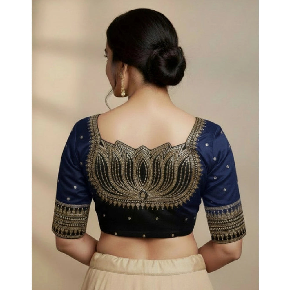 Generic Women's Vichitra Silk V Neck Padded Blouse (Navy, 38 Ready Size (Self-Alterable 36–40)
