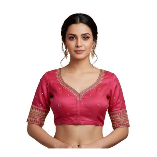 Generic Women's Vichitra Silk V Neck Padded Blouse (Pink, 38 Ready Size (Self-Alterable 36–40)