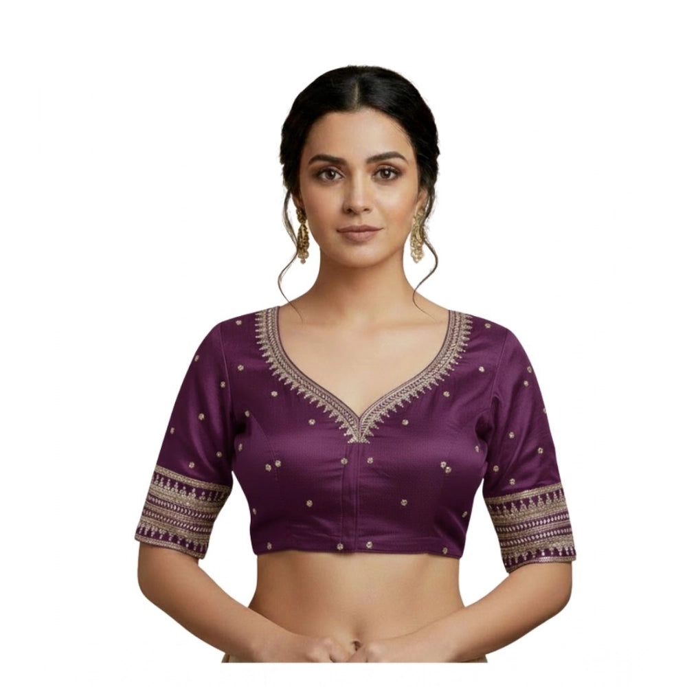 Generic Women's Vichitra Silk V Neck Padded Blouse (Purple, 38 Ready Size (Self-Alterable 36–40)