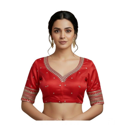 Generic Women's Vichitra Silk V Neck Padded Blouse (Red, 38 Ready Size (Self-Alterable 36–40)