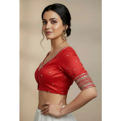Generic Women's Vichitra Silk V Neck Padded Blouse (Red, 38 Ready Size (Self-Alterable 36–40)
