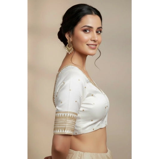 Generic Women's Vichitra Silk V Neck Padded Blouse (White, 38 Ready Size (Self-Alterable 36–40)