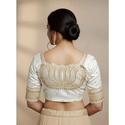 Generic Women's Vichitra Silk V Neck Padded Blouse (White, 38 Ready Size (Self-Alterable 36–40)