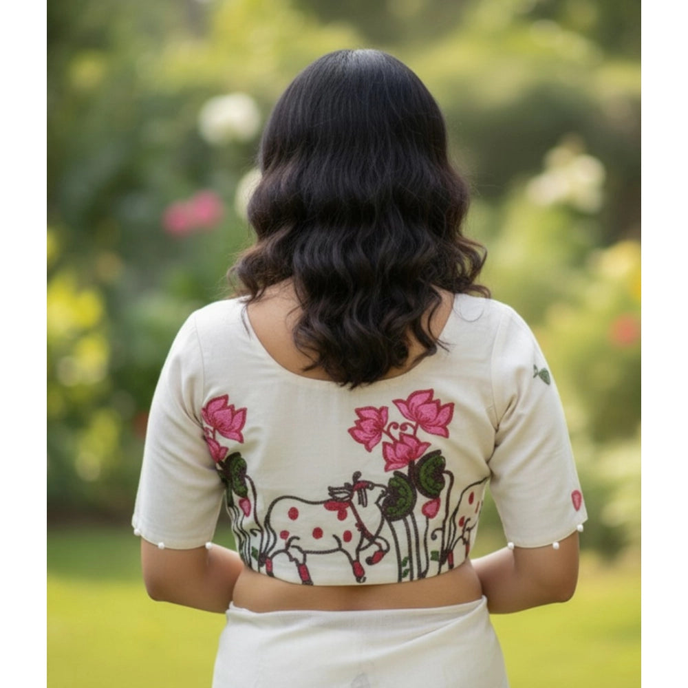 Generic Women's Cambric Cotton Round Neck Padded Blouse (White, 38 Ready Size (Self-Alterable 36–40)