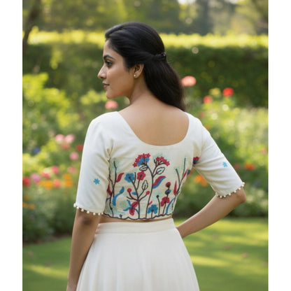 Generic Women's Cambric Cotton Round Neck Padded Blouse (White, 38 Ready Size (Self-Alterable 36–40)